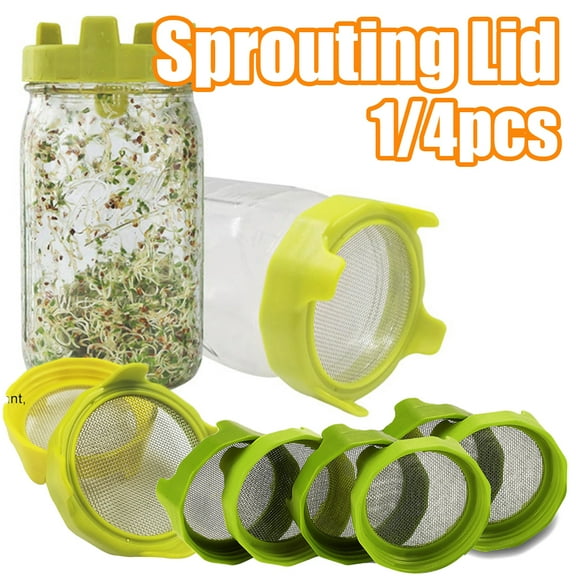 Travelwant 1/4Pcs Sprouting Lids, Plastic Sprout Lid with Stainless Steel Screen for Wide Mouth Mason Jars, Germination Kit Sprouter Sprout Maker with Stand Water Tray Grow Bean Sprouts