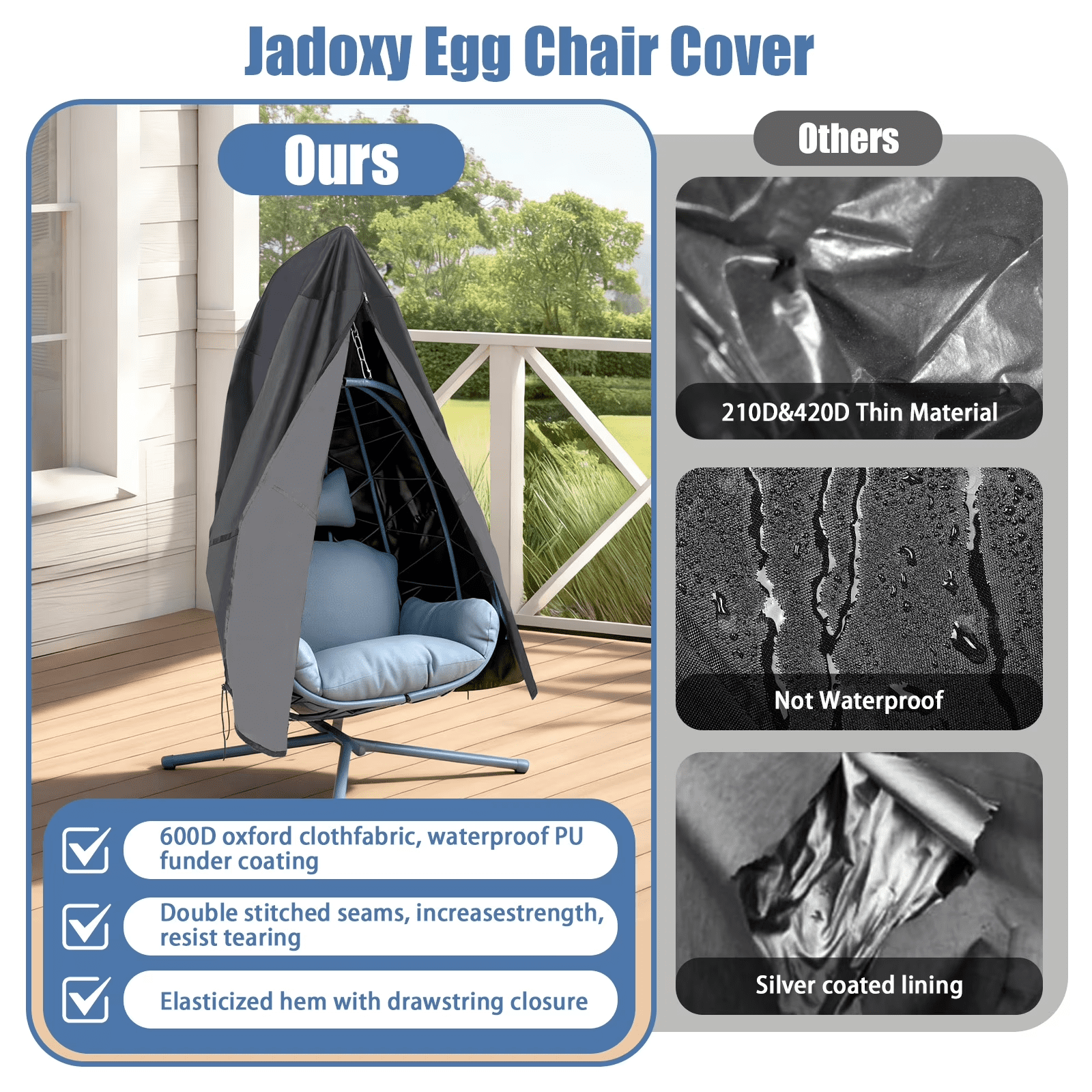 Waterproof Single Egg Chair Cover, Heavy Duty 420D Oxford Hanging Swing Chair Cover with Zipper, Buckle & Drawstring, Windproof Weather Resistant Outdoor Patio Furniture Protector