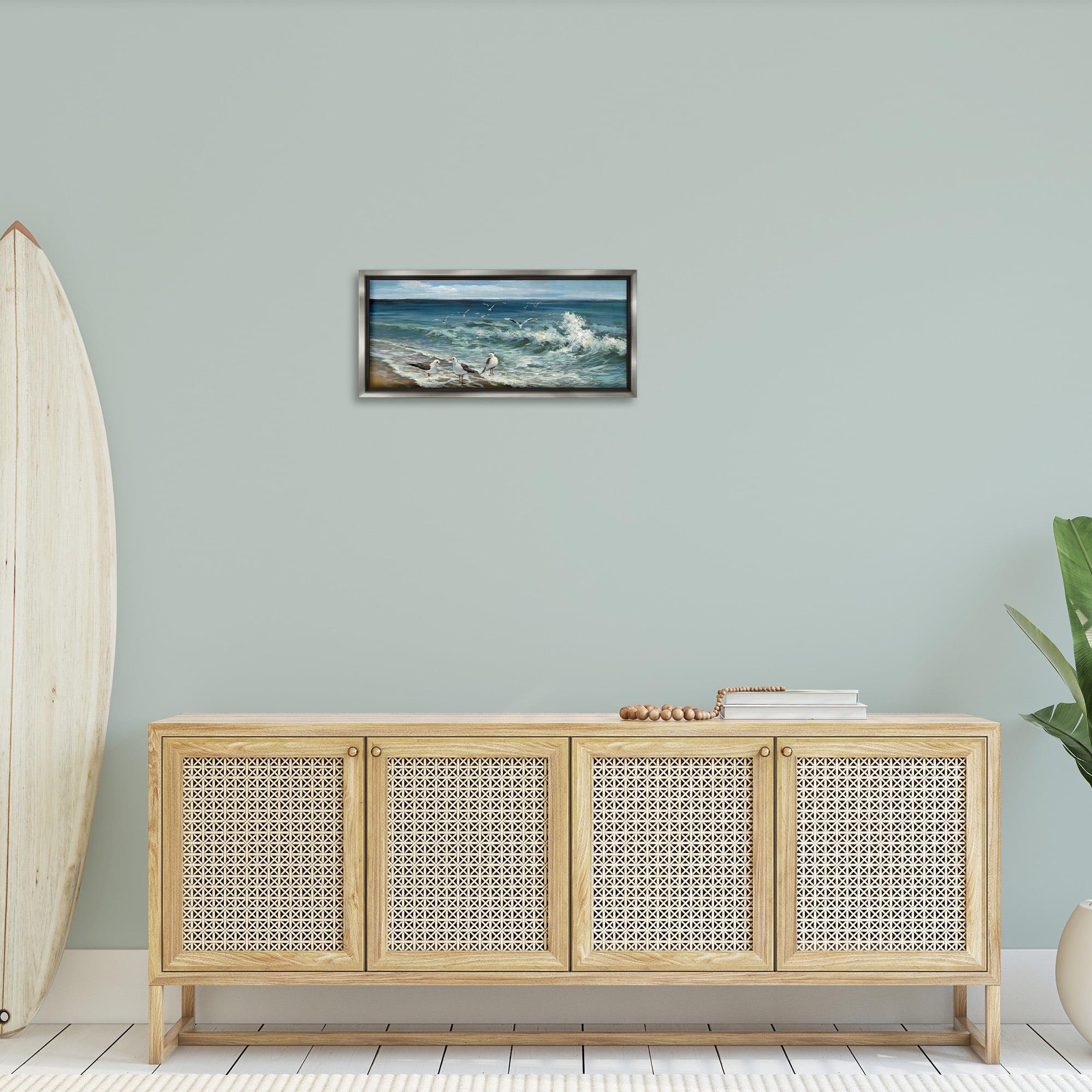Stupell Industries Incoming Beach Tide Seagulls Nature Painting Gray Floater Framed Canvas Art Print Wall Art, 25 x 11