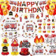 219pcs Firetruck Birthday Decorations Tableware Include Fire Truck Plates and Napkins Set, Cups, Banner, Hanging, Tablecloth, Cake Topper, Cupcake Topper for Firefighter Party Decorations Serve 24$$