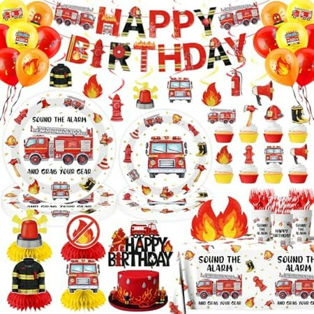 219pcs Firetruck Birthday Decorations Tableware Include Fire Truck Plates and Napkins Set, Cups, Banner, Hanging, Tablecloth, Cake Topper, Cupcake Topper for Firefighter Party Decorations Serve 24$$