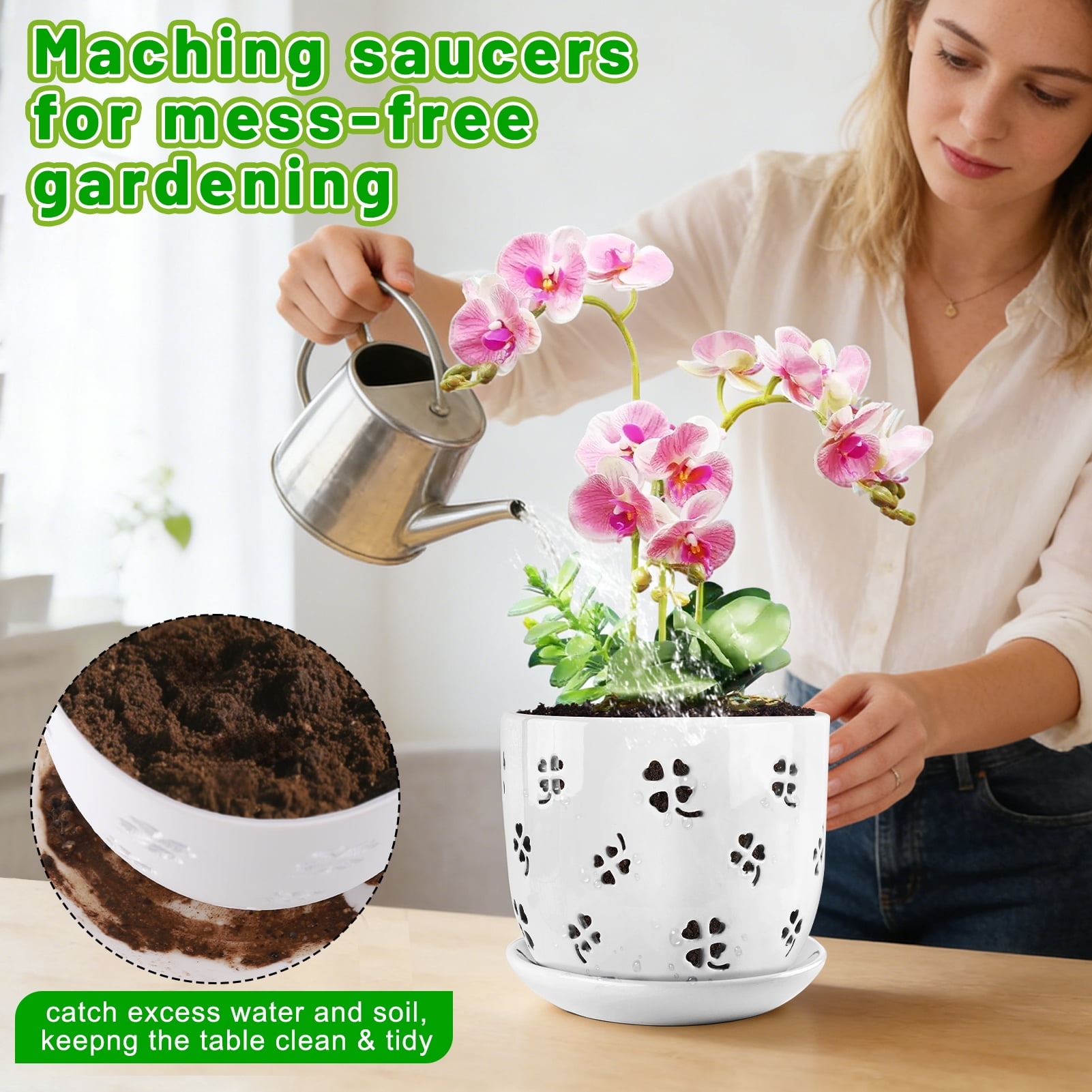 Yalumo 2 Pack Ceramic Orchid Pots with Holes, 5 & 6 Inch Large Orchid Planters with Drainage and Saucers for Repotting, Breathable Flower Pots for Indoor Outdoor Orchids and Succulents