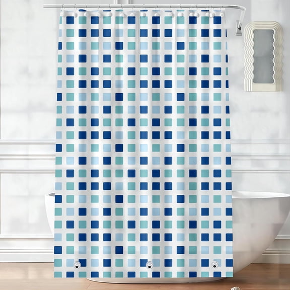 Dailihome PEVA Shower Curtain, Blue and Green Square Pattern Waterproof Bathroom Curtain, Thickened Geometric Partition with Hooks for Tub and Shower, 72 x 60 in