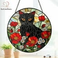thumbnail image 2 of Black Cat In Poppy Flowers Stained Glass Suncatcher, Cat Home Decor, Gift For Mom, Cat Lover, Black Cat Flower Unique Cat Lover, 2 of 6