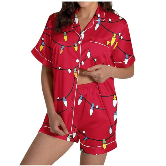 Christmas Womens Pajama Set Short Sleeve Button Down Sleepwear Xmas Print Lounge Wear Stand Collar Matching Pjs Set Home Apparel Two Piece Nightwear for Women