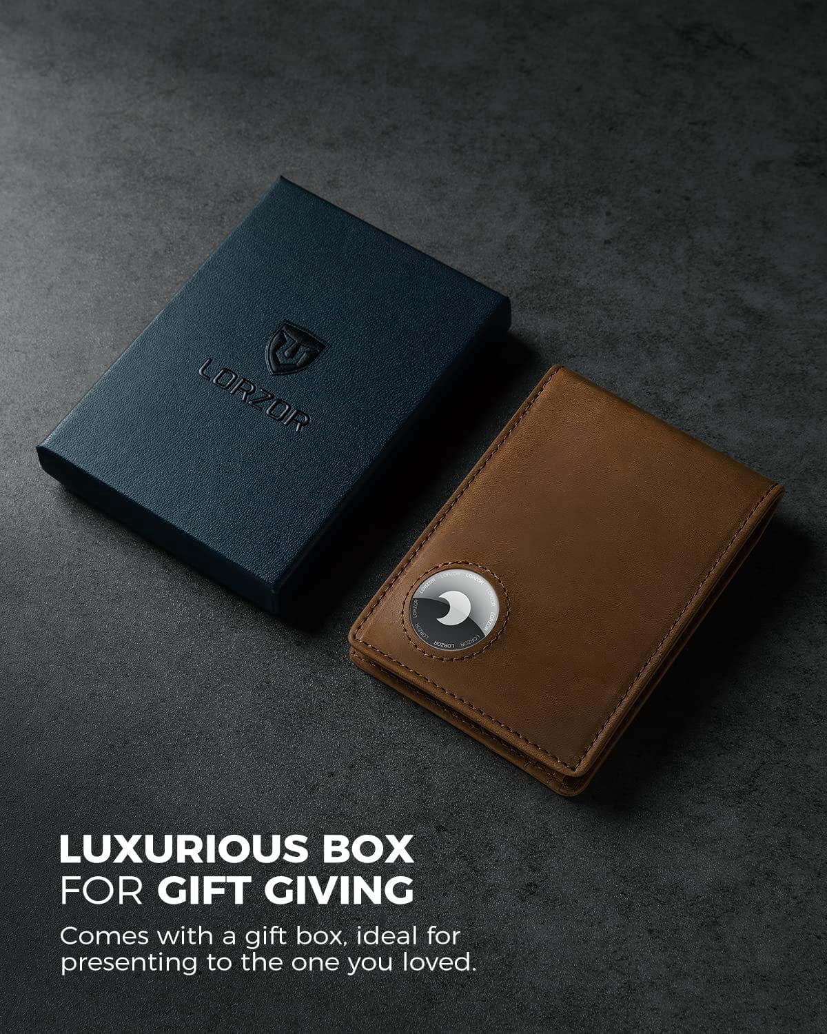 LORZOR Airtag Wallet, Full Grain Leather Minimalist Mens Wallet for Airtag, Bifold RFID Blocking Airtag Wallet for Apple Airtag Holder, with ID Window, 12 Cards Gift Box