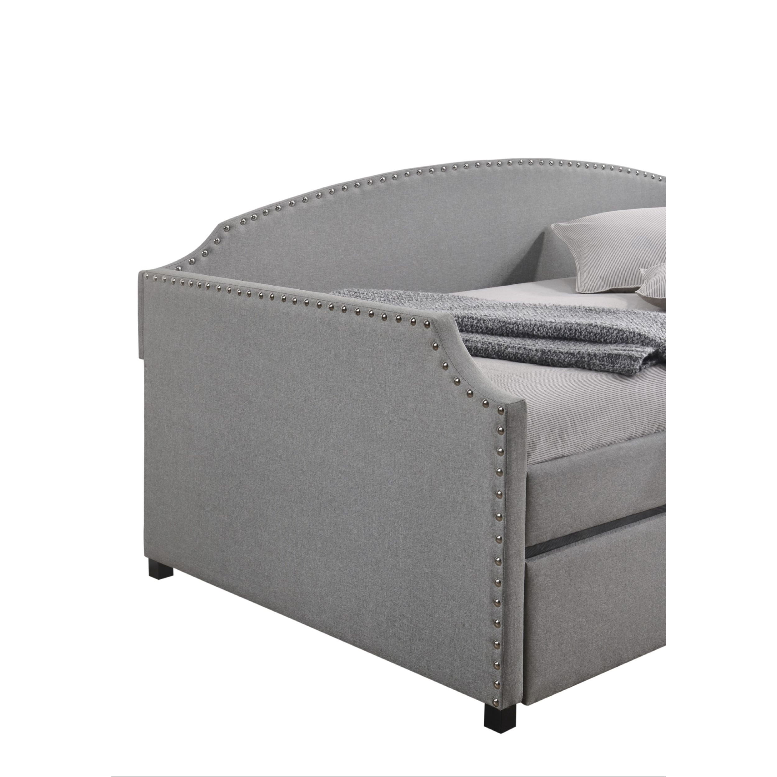 Home Design Yamna Twin Daybed with Linen Upholstery, Pull-Out Trundle, and Nailhead Trim, Stylish and Comfortable Design for Bedroom, Gray