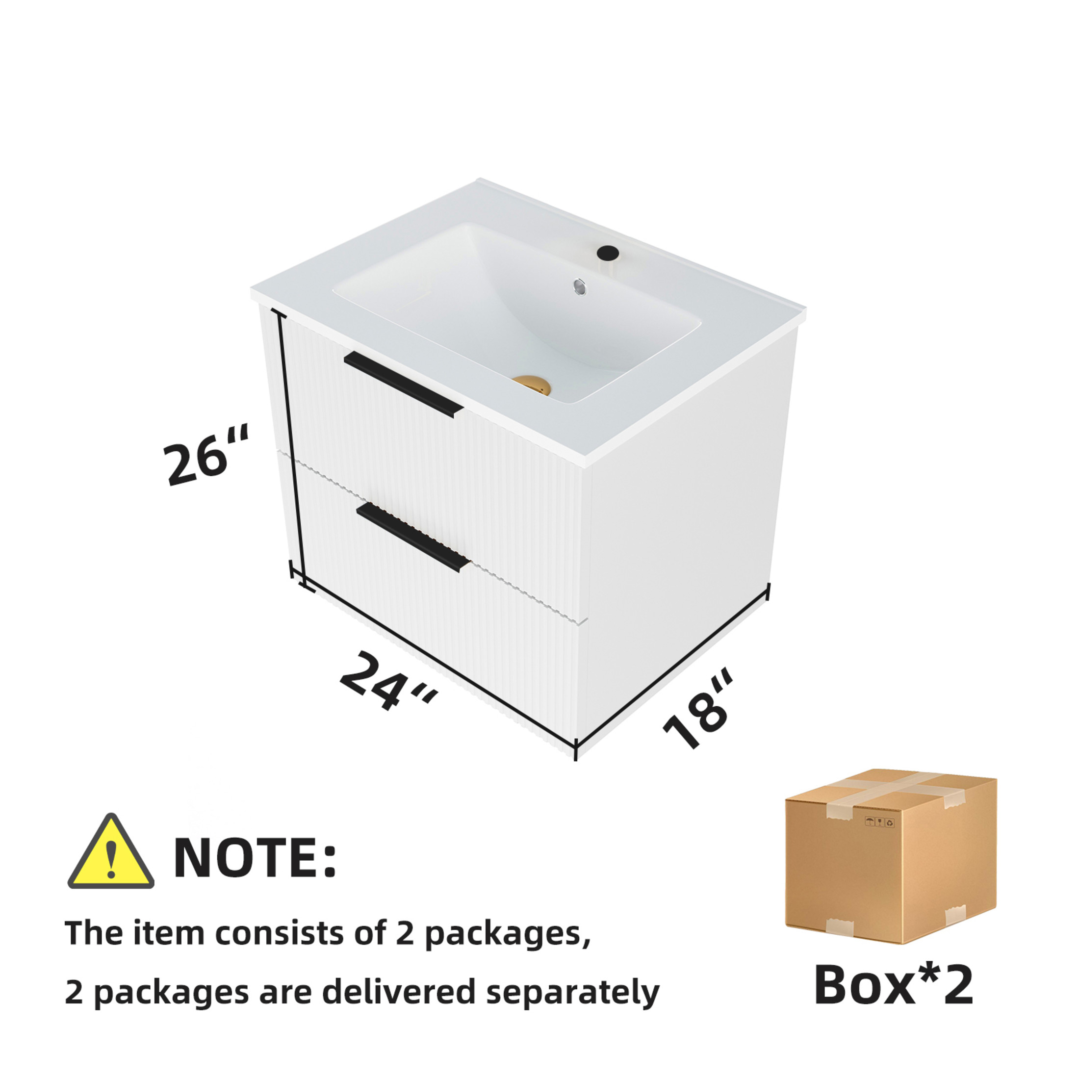Noble House 24" Wall Mounted Floating Bathroom Vanity with Sink, 2 Drawers, Modern Cabinet, Matte White