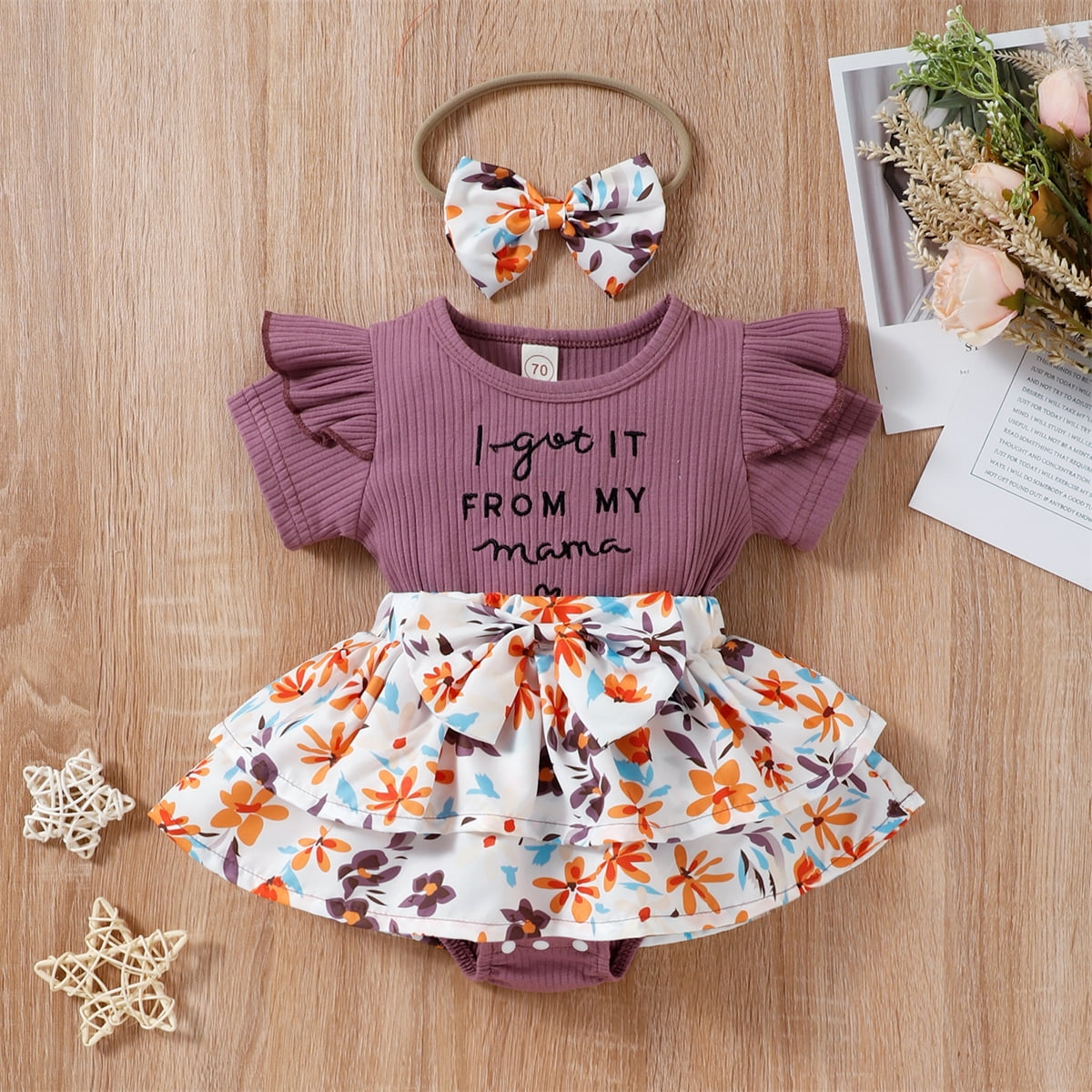 100% Cotton 2pcs Baby Girl Pom Pom Decor Cape Collar Long-sleeve Splicing Floral Print Jumpsuit with Headband Set