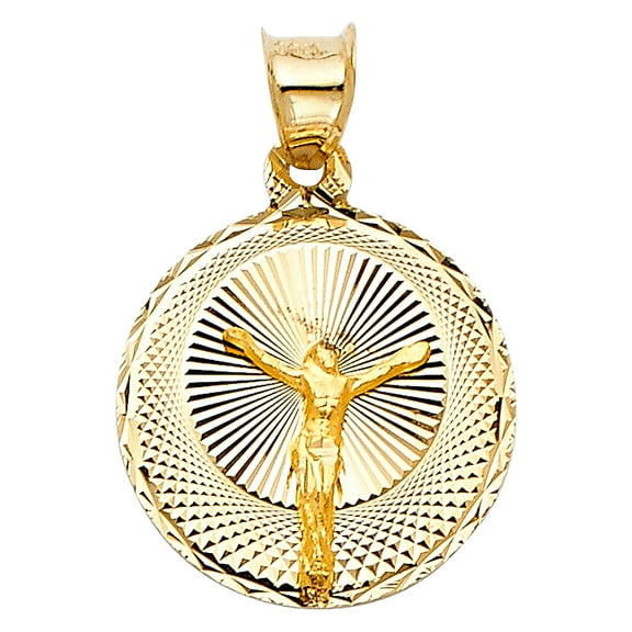 Ioka-14K Yellow Gold Diamond Cut Jesus Stamp Religious Charm Pendant For Necklace or Chain