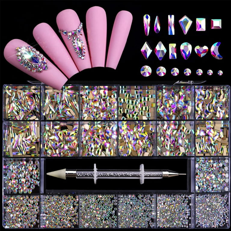 Professional Nail Crystal Kit, Multi Shapes Glass Crystal AB