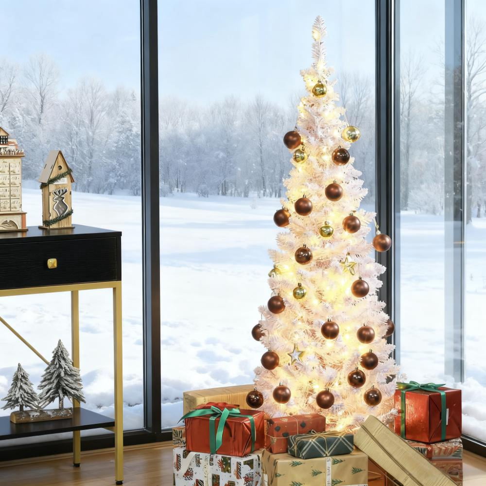 5ft Prelit Pink Snow Flocked Pencil Christmas Tree 294 Tips 160 Warm White LED Lights Indoor Decor
