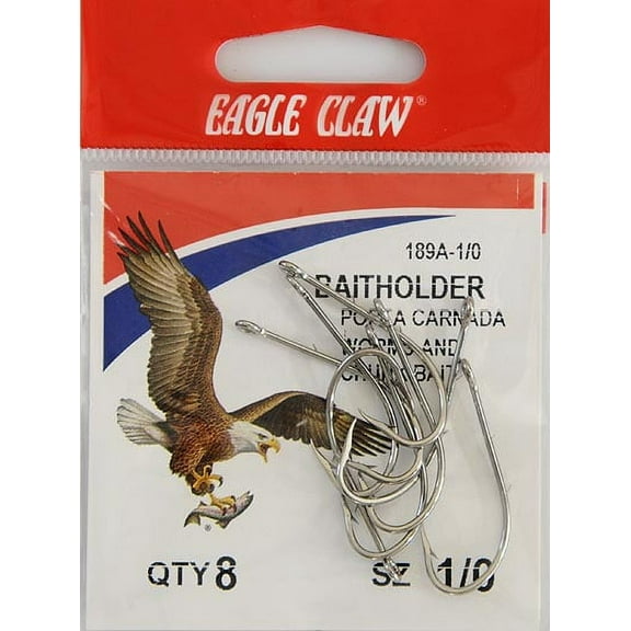 Eagle Claw 189AH-1/0 Baitholder 2-Slice Offset Hook, Nickel, Size 1/0, 8 Pack