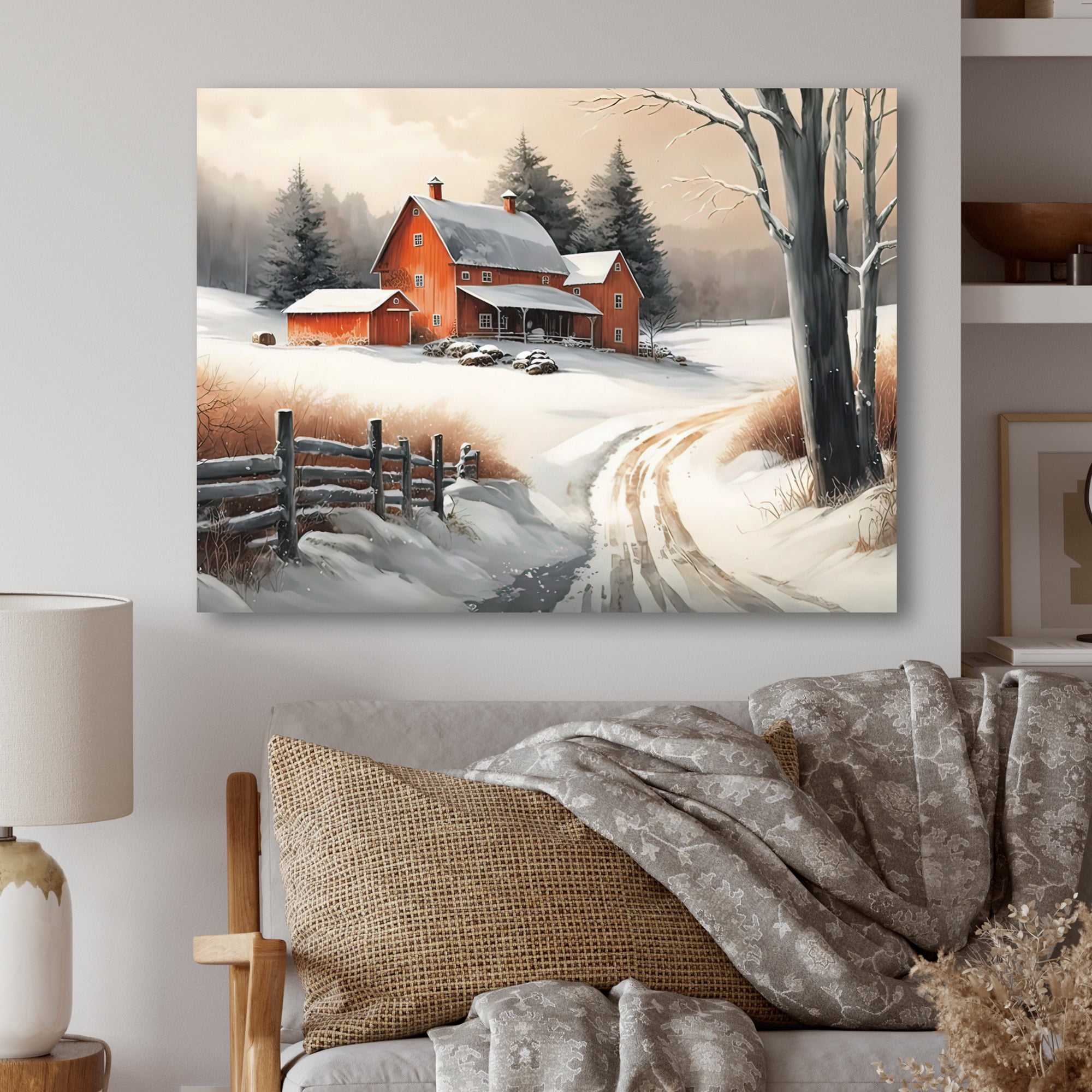 Designart Red Barn Scenery In Winter III Canvas Wall Art