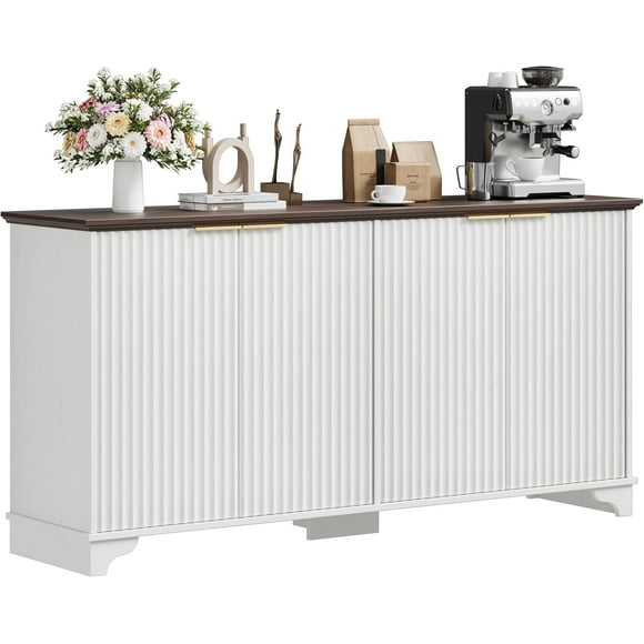 Bingirl Sideboard Buffet Cabinet with 4 Fluted Doors, Farmhouse Kitchen Cupboard Storage with Adjustable Shelves, Modern Coffee Bar Cabinet for Home