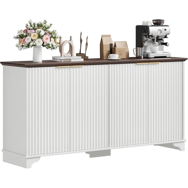 Ourlova Sideboard Buffet Cabinet with 4 Fluted Doors, Farmhouse Kitchen Cupboard Storage with Adjustable Shelves, Modern Coffee Bar Cabinet for Home