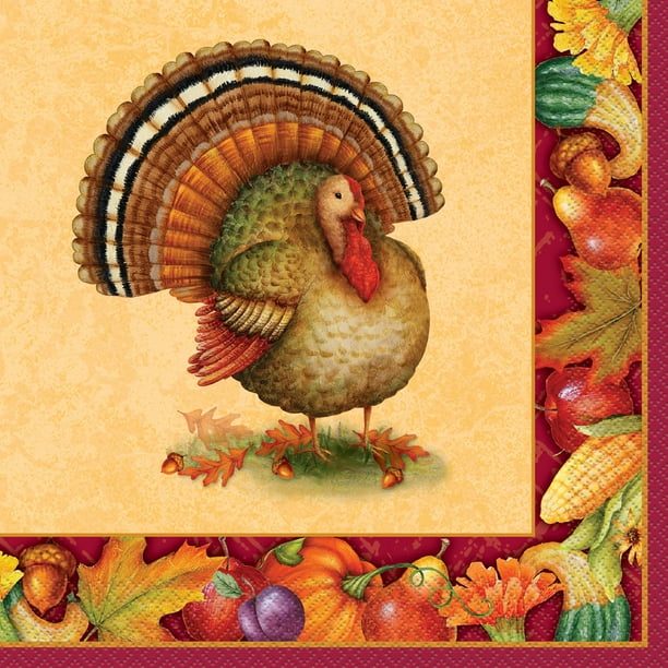 Festive Turkey Thanksgiving Paper Dinner Napkins 8in 16ct Walmart Com