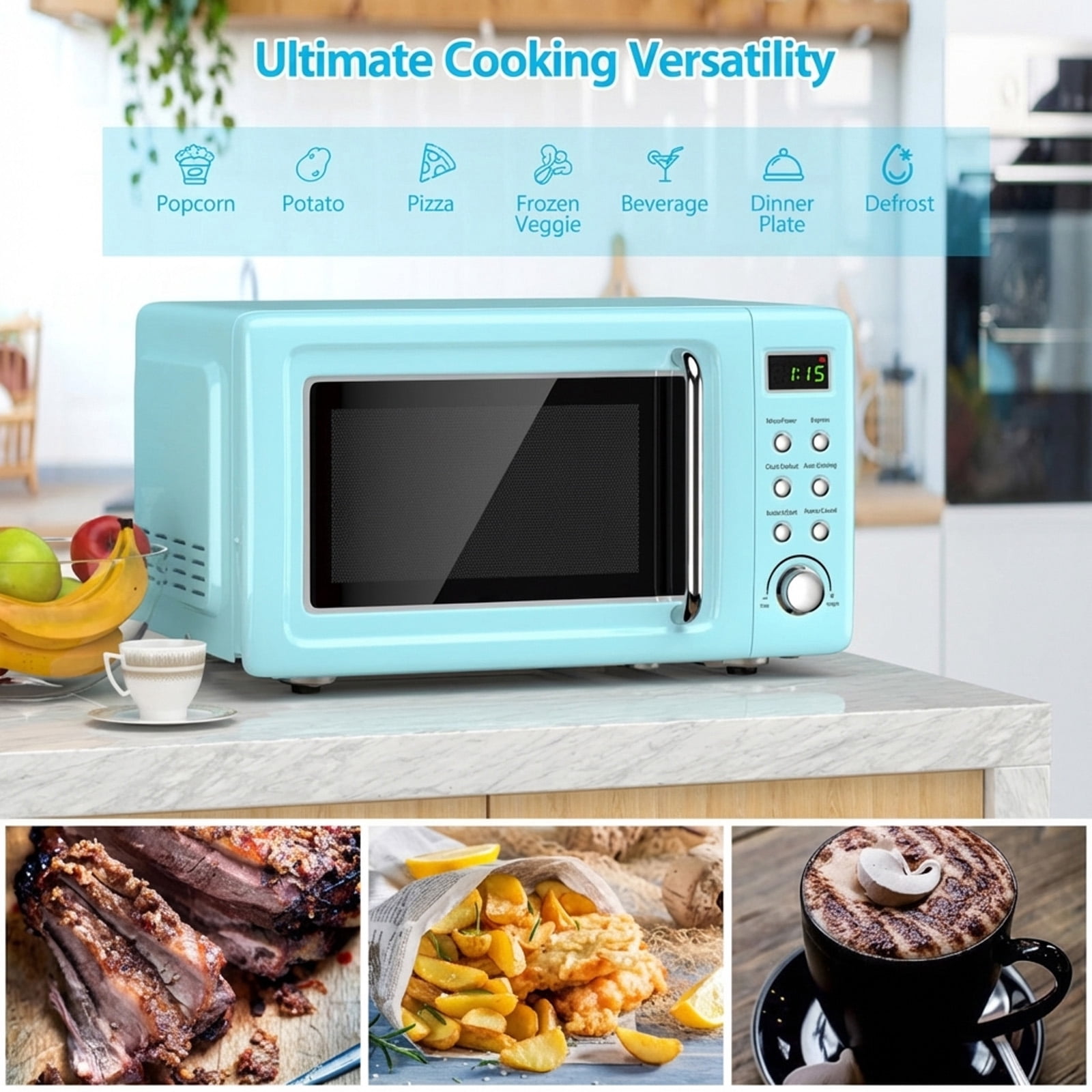 RUIE Retro Microwave Oven,700W 0.7 Cu.ft Countertop Microwave with 5 Power Levels and 8 Auto Cook Menus,LED Display,Child Lock,Compact Microwave for Apartment Dorm Office