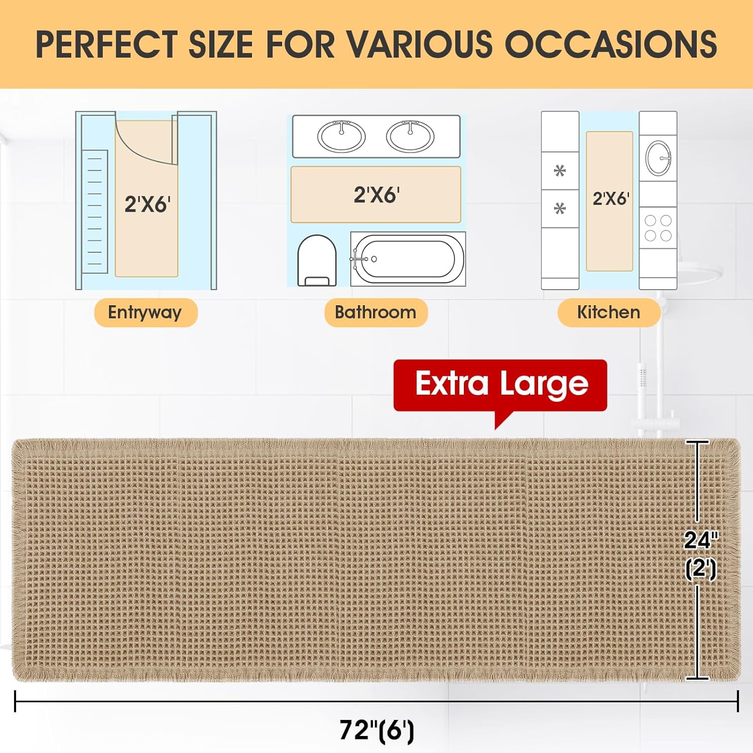Extra Large Waffle Bath Mat Beige 6'x2'(72" x 24"), Boho Woven Modern Bath Mat Rugs, Absorbent Non Slip Bathroom Rugs, Soft Washable Bath Rugs with Tassels for Bathroom, Bedroom, Kitchen, Shower, Tub