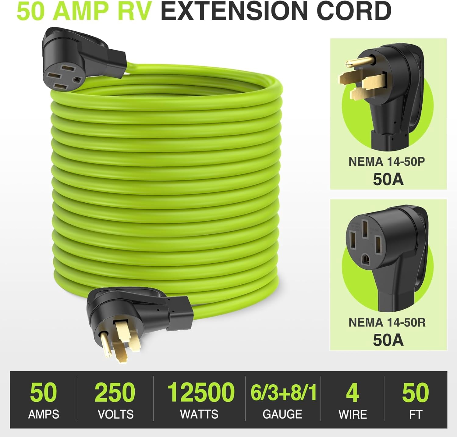 50FT 50A RV Extender Cable 250V Heavy Duty 6/3+8/1 Gauge STW Wire UL ETL Approved 4 Pole 14-50P 14-50R Weatherproof for EV Charge RV Lightweight Grey