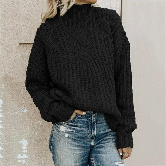 Baqcunre Sweaters For Women Turtleneck Knitting Womens Sweater Long Solid Sleeve Sweater Fashion Loose Sweater Sweatshirt For Women Fall Clothes For Women 2023 Black L