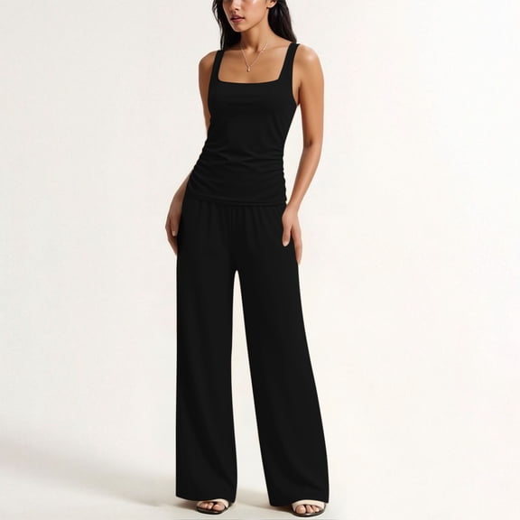 Maqroz Womens Yoga Sets Sleeveless Wide Strap Tank Top Wide Leg Drapey Pants Casual Stretchy Workout Outfits Trendy Summer Outfits 2026 with Pockets