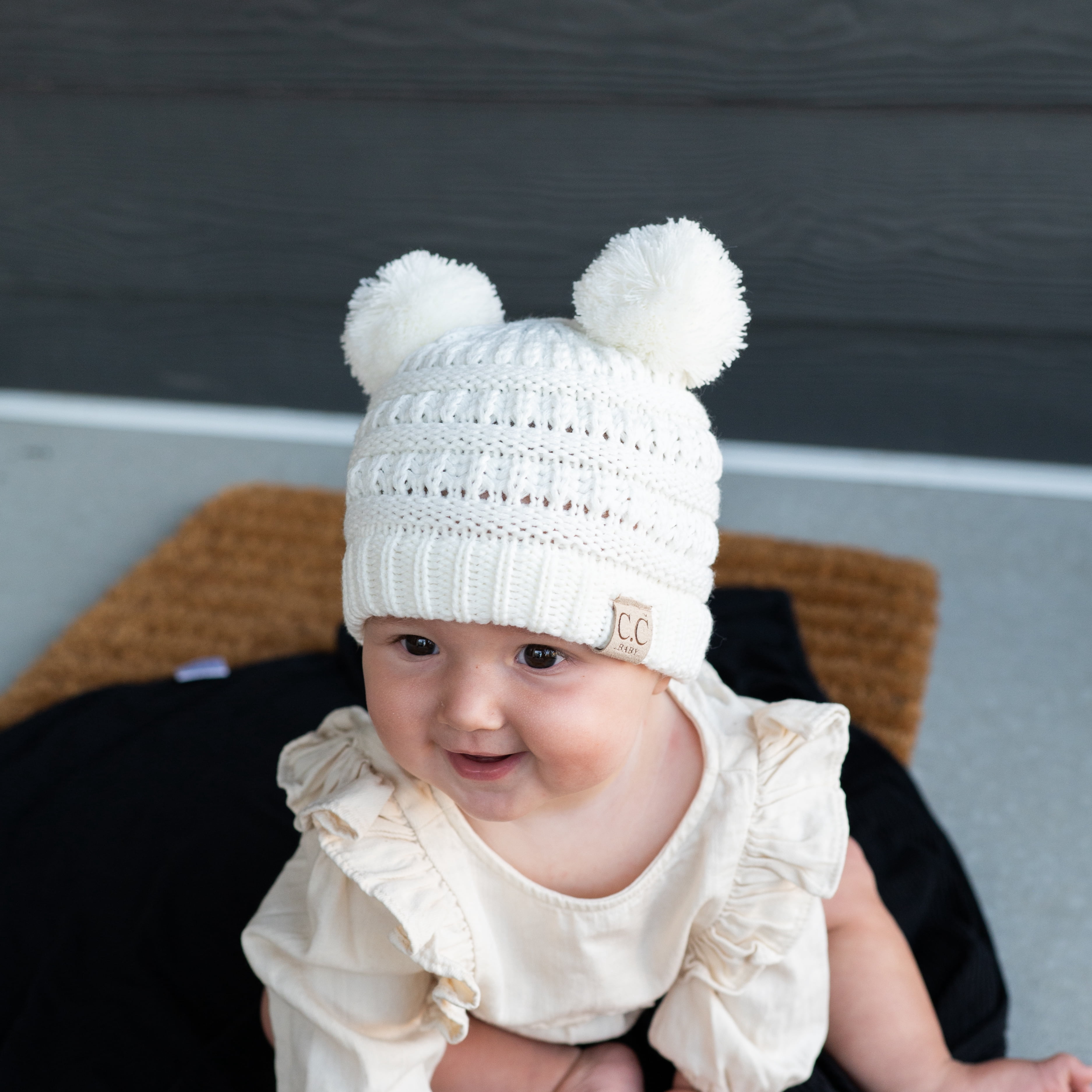 CC Baby Double Pom Cable Knit Yarn Pom Newborn to 9 Months Infant Beanie Ivory - Soft, Warm Hats for Babies and Toddlers - Cozy Winter Wear