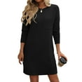 thumbnail image 2 of Diufon Womens Knit Cotton Dress Solid Color Mini Dress Round Neck Long Sleeve Dress with Pockets, 2 of 6