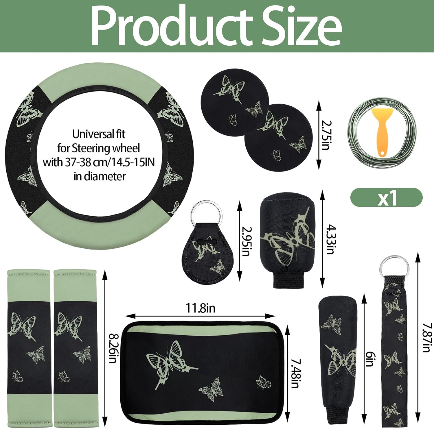 NestE-47 Pcs Butterfly Car Seat Full Set Butterfly Car Accessories for Women 5 Front Rear Seat Covers Wrist Strap 2 Pieces Cup Mat Armrest Pad 2 Belt Cover Accessories for SUV(Sage Green)