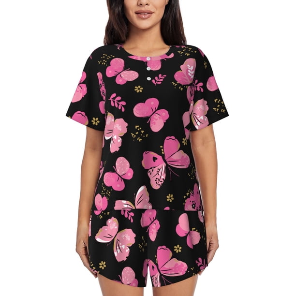 Balery Girl Butterfly Conjunto de Pijama para Mujer con Estampado, Dos Piezas de Manga Corta y Shorts, Ropa de Dormir Suave con Cuello Redondo y Bolsillos-Medium