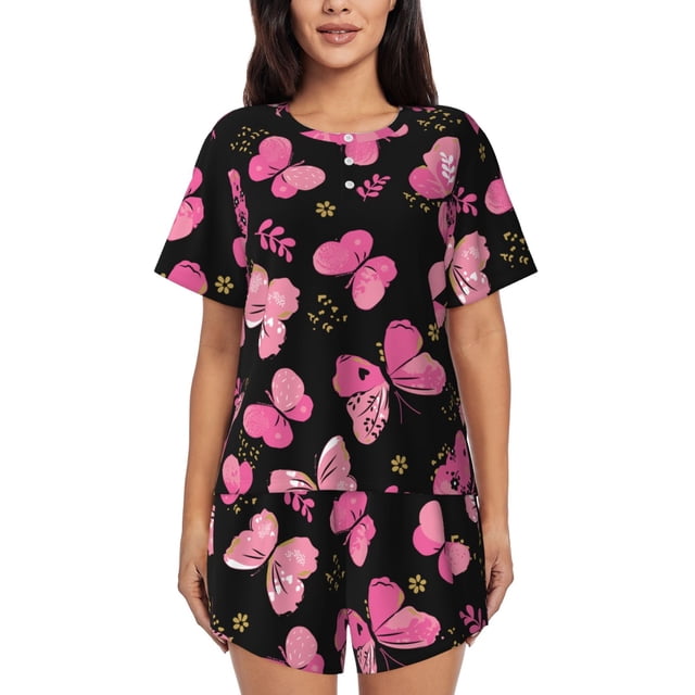Fotbe Girl Butterfly Conjunto de Pijama Estampado para Mujer, 2 Piezas, Ropa de Dormir con Camiseta de Manga Corta y Shorts Suaves-Medium