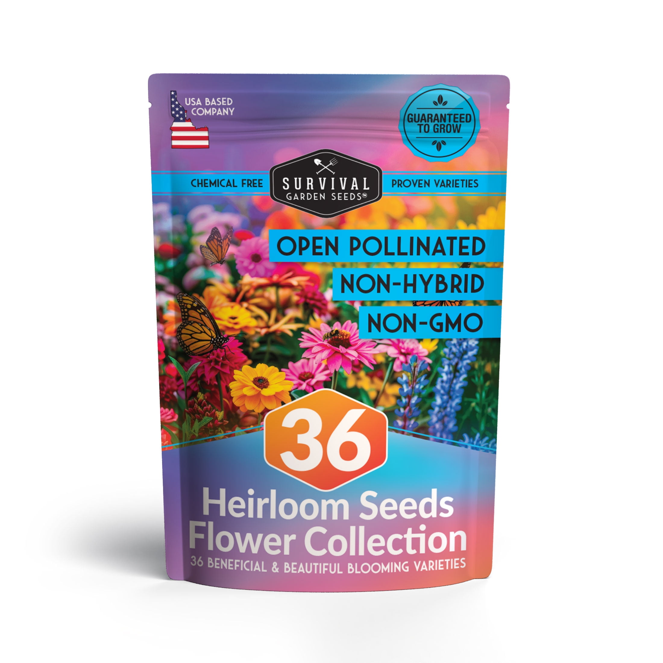 36 Pack Functional Flower Seeds - Non-GMO Full Sun, Includes Annual Flowers