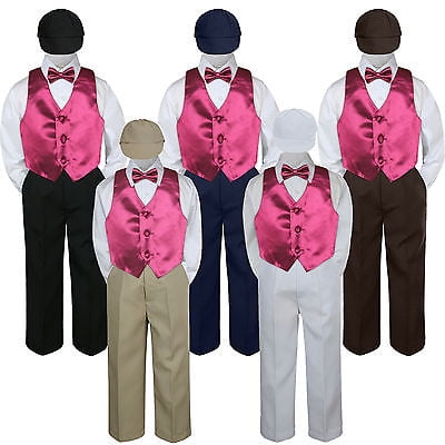 

5pc Boy Suit Set Burgundy Vest Bow Tie Baby Toddler Kid Formal Hat Pants S-7