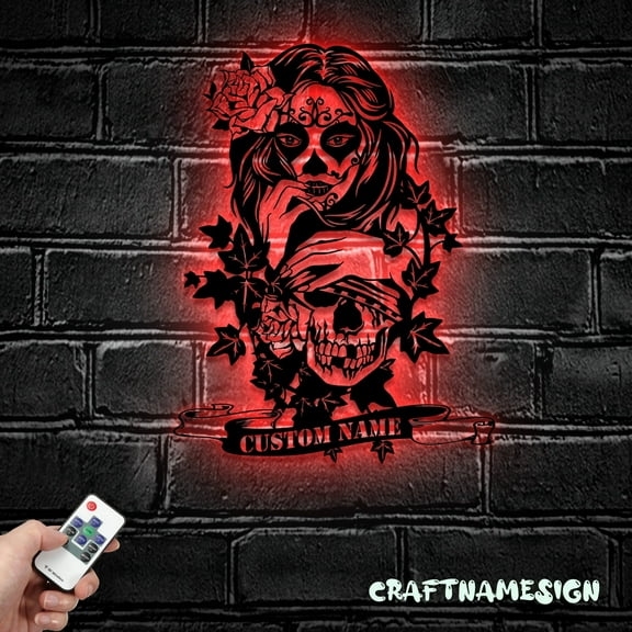 Craftnamesign Custom Couple Sugar Skull Metal Sign LED Light, Skull Lover Name Sign, Skull Wall Art