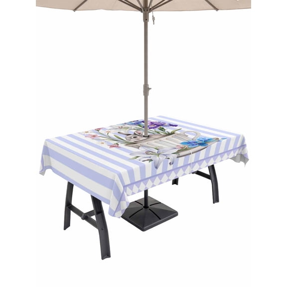 Easter Outdoor Tablecloth - 54x80 Inch Rectangle Dining Table Cover, Spring Rabbit Watercolor Flowers Purple Stripes Waterproof Outdoor Table Cloth with Umbrella Hole & Zipper for Picnic/Patio/Party