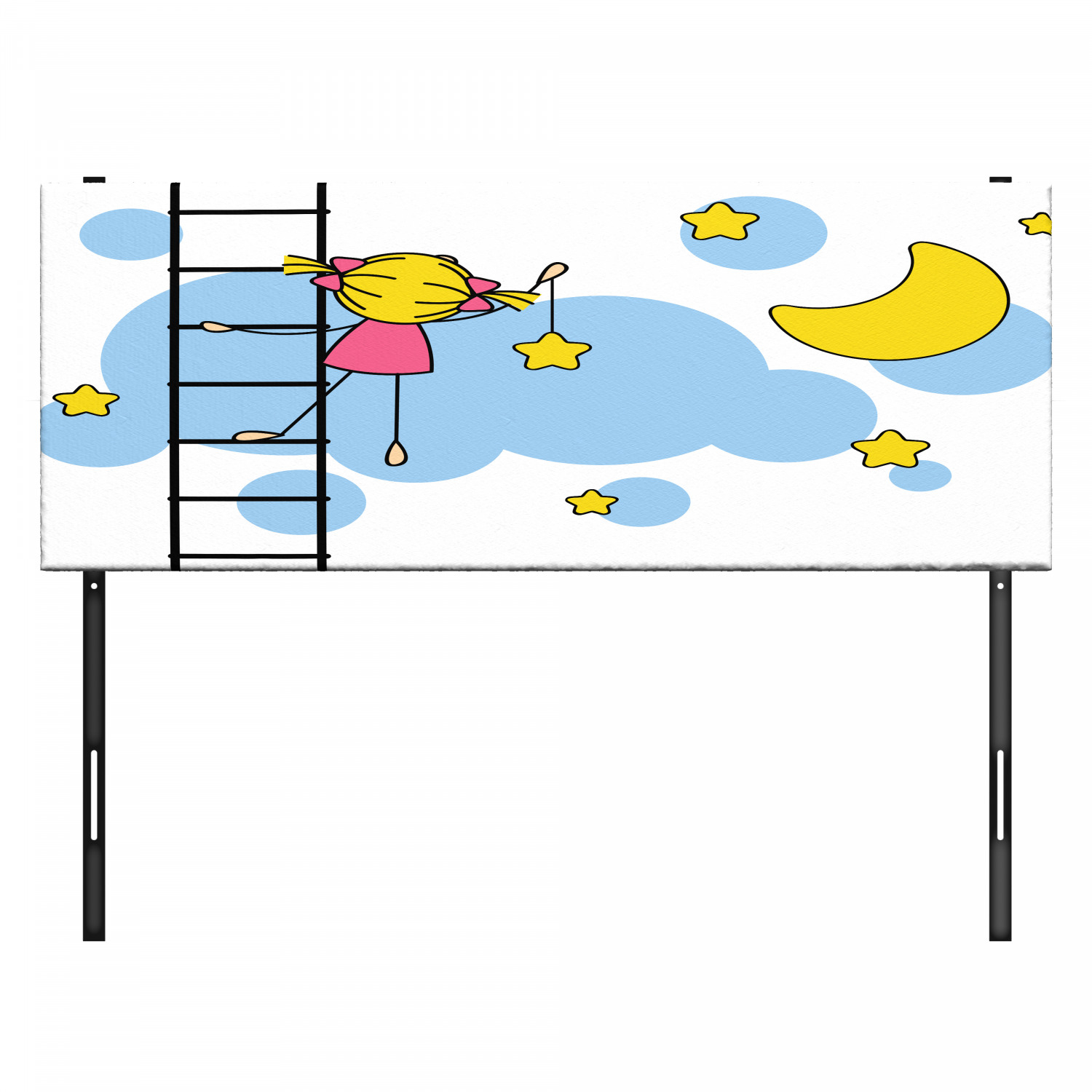 Star Headboard, Girl on Ladder Hanging a Star in the Night Sky with Half Moon Cartoon Picture, Upholstered Decorative Metal Bed Headboard with Memory Foam, Full Size, Yellow Blue, by Ambesonne - image 3 of 4