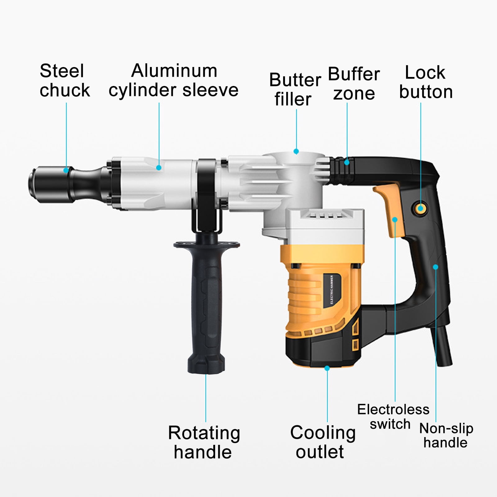 ZNNT Demolition Jack Hammer Concrete Breaker 1200W Electric Hammer 2 Chisel Bit