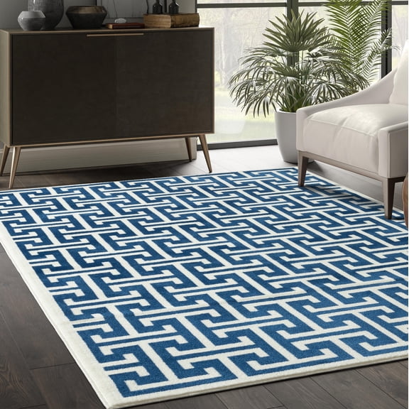 Abani Arto Collection Area Rug Mid Century Modern Bedroom Living Room Decor Floor Rug 8 x 10 Blue Cream