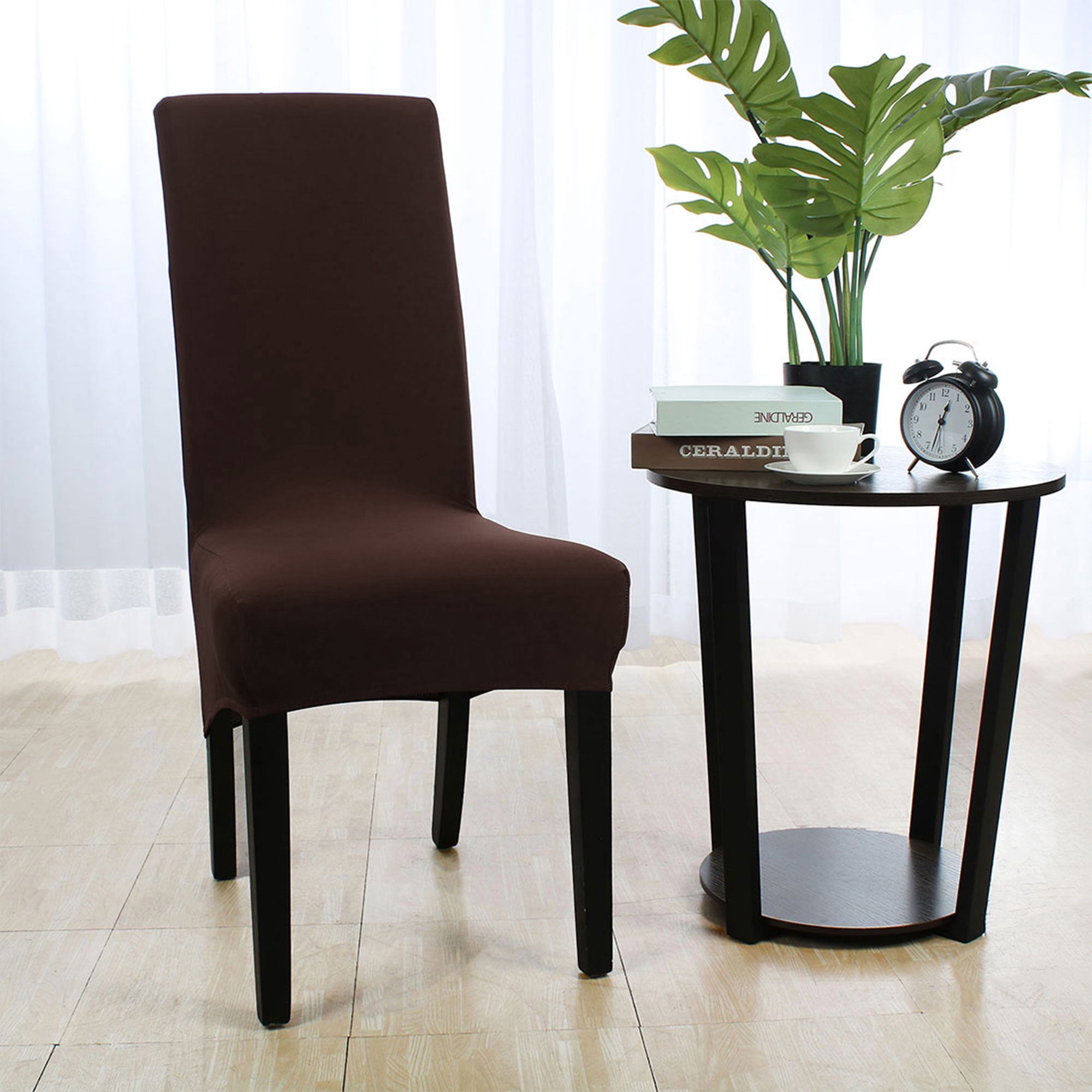 Soft Chair Cover Strech Spandex Long Back Dining Seat Cover Coffee