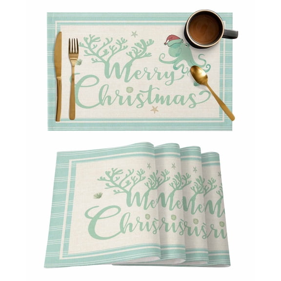 Placemats Set of 4, Blue Teal Coastal Christmas Woven Placemat, Linen Place Mats for Kitchen/Dining Tables, Xmas Coral Nautical Snowflake Washable Table Mats for Party