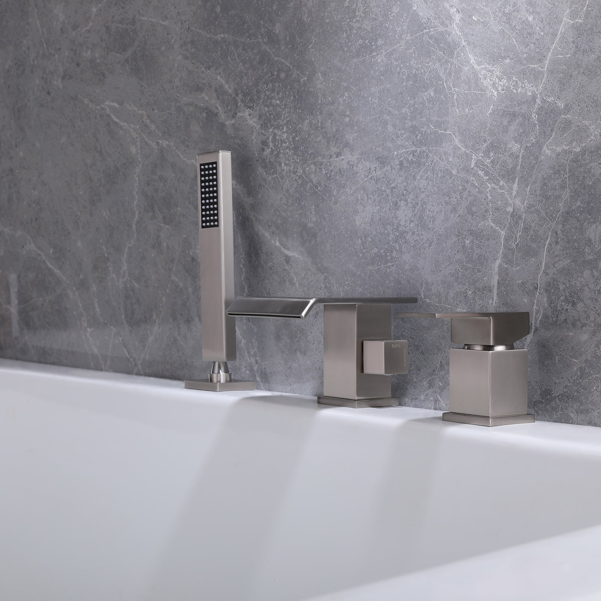 Three Holes Deck Mounted Roman Bathtub Faucet with Hand Shower, Widespread Waterfall Tub Filler
