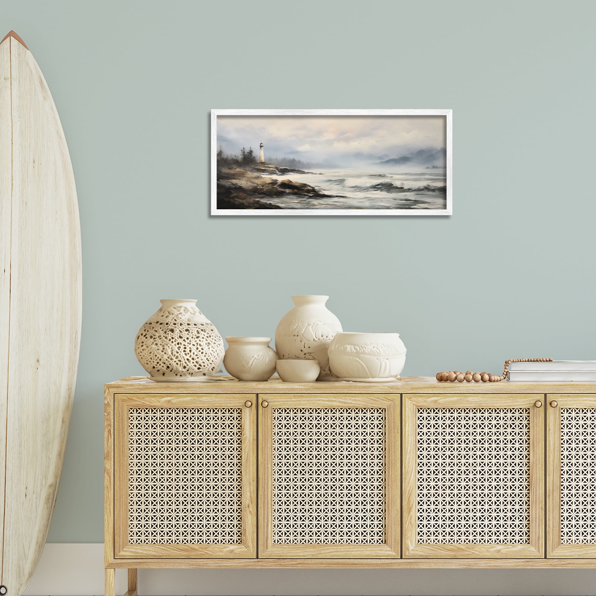 Stupell Industries Coastal Lighthouse Waves Coastal Painting White Framed Art Print Wall Art, 30 x 13