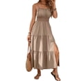 thumbnail image 2 of Maqroz Womens Spaghetti Strap Maxi Dresses Smocked 2026 Side Slit Summer Spring Casual Boho Beach Long Vacation Ruched Ruffle Flowy Sundress Khaki XXL, 2 of 6