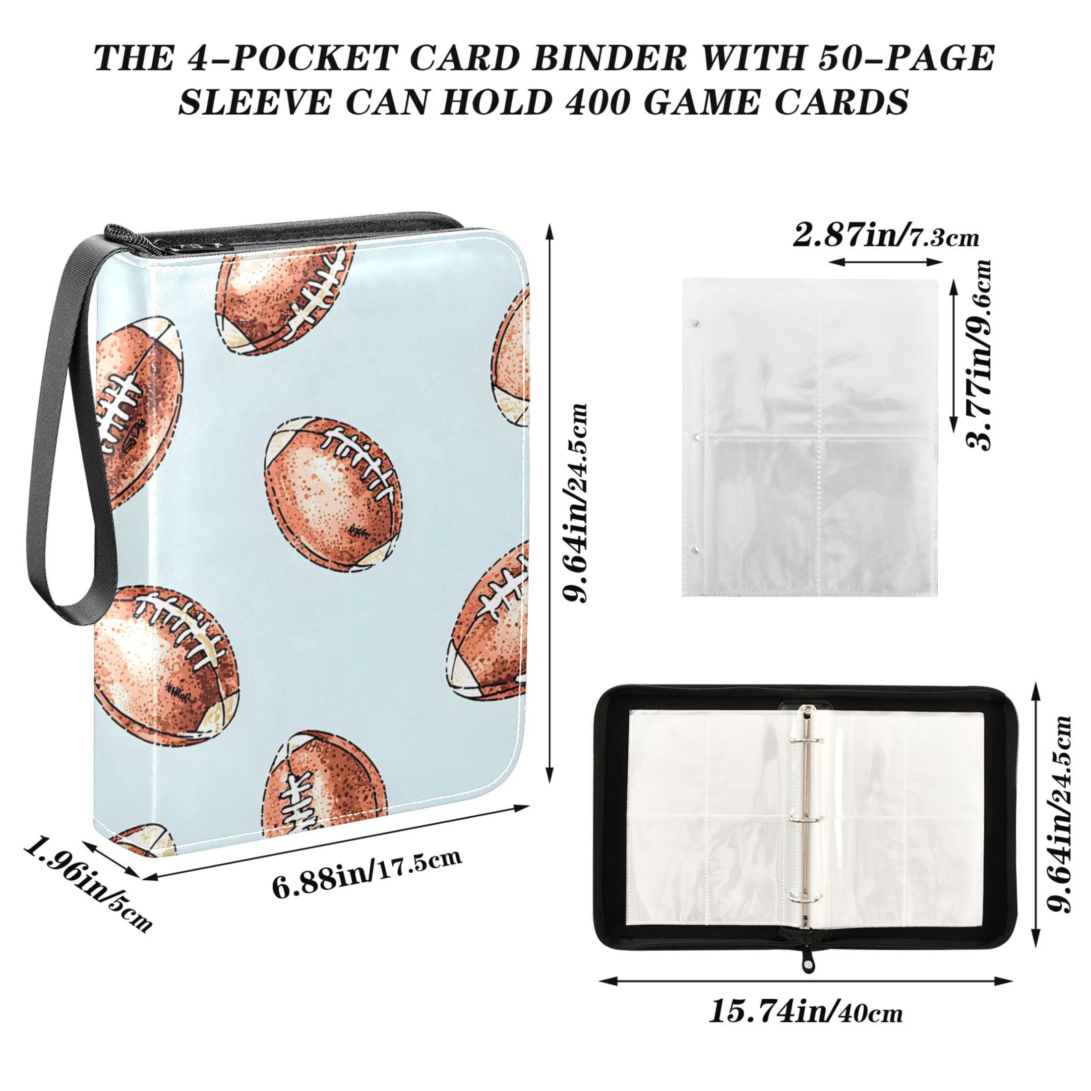 Trading Card Binder Album 400 Pockets 50 Removable 4-Pocket Pages Waterproof Rugby Ball