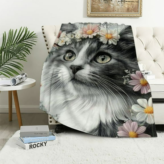Patifu Cat with Flowers Blanket Animals Pet Gifts for Cat Lovers Blanket for Bed Cat Throw Blanket for Girl 40x50in