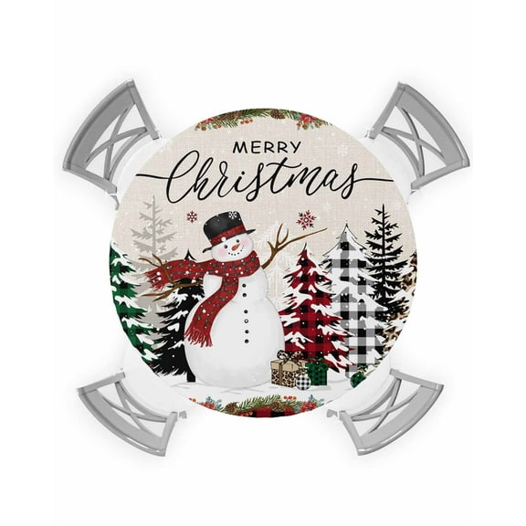 nqOlkjepod Christmas Round Tablecloth, Fitted Table Cover with Elastic for 55"-60" Round Tables, Rustic Red Plaid Tree Xmas Snowman Table Cloth Outdoor Indoor Dinning Party Waterproof Tablecloths