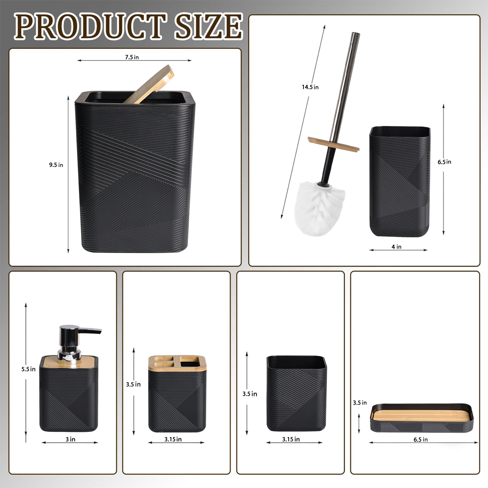 CERBIOR Bathroom Accessories Set 6 Piece Bamboo Bath Ensemble Includes Soap Dispenser, Toothbrush Holder, Toothbrush Cup, Soap Dish for Decorative Countertop and Housewarming Gift, Black
