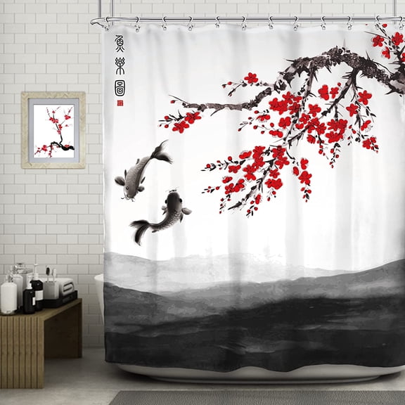 Cherry Blossom Asian Decor Shower Curtain 72Wx72L Inch Japanese Koi Red Plum Chinese Bloom Trees Branch Tradition Antique Ink Painting Art 12 Pack Hooks Polyester Waterproof Fabric Bathroom