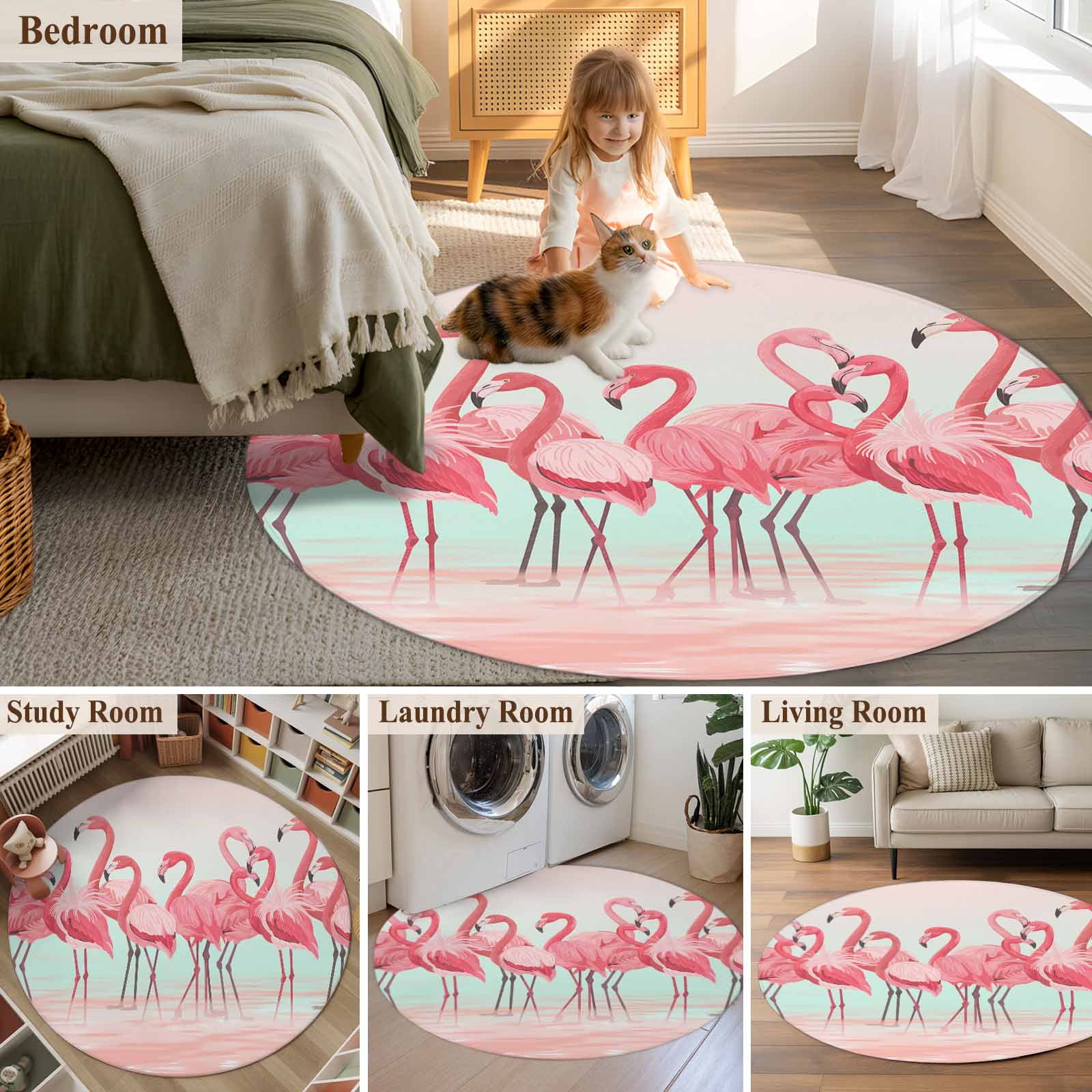Pink Flamingo Round Rugs 7ft, Summer Tropical Flamingo Hawaii Animals Non Slip Washable Rug Runner, Low Pile Indoor Floor Carpet Mat Bathroom Rugs for Living Room, Bedroom, Kids Room