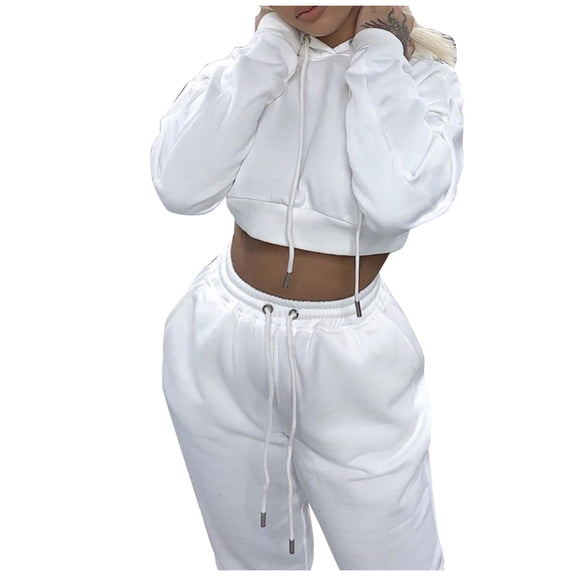 BLOCLOALO 2 Piece Lounge Set Long Sleeve Fleece Pullover Hoodie Sweatshirts Casual Fleece Short Sweater Trousers Sports Suit Sweatpants and Sweatshirt Set Plus Size Workout Sets Casual Sets White L